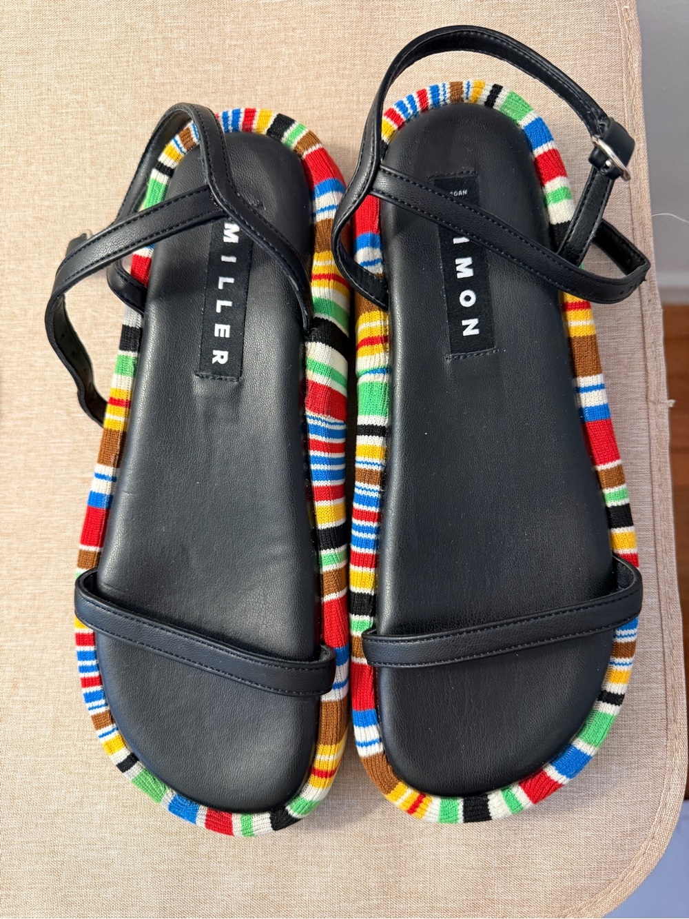 Simon Miller Black Leather Platform Sandals with Multicolor Striped Trim